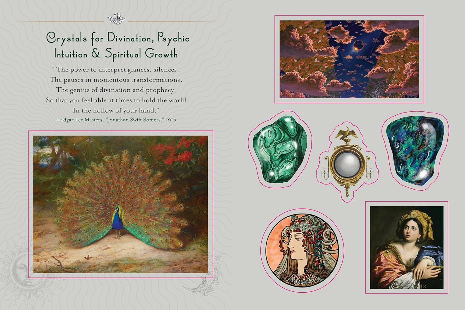 Decorative page with crystals for divination, psychic intuition, and spiritual growth on a light gray background. Crystal sticker book