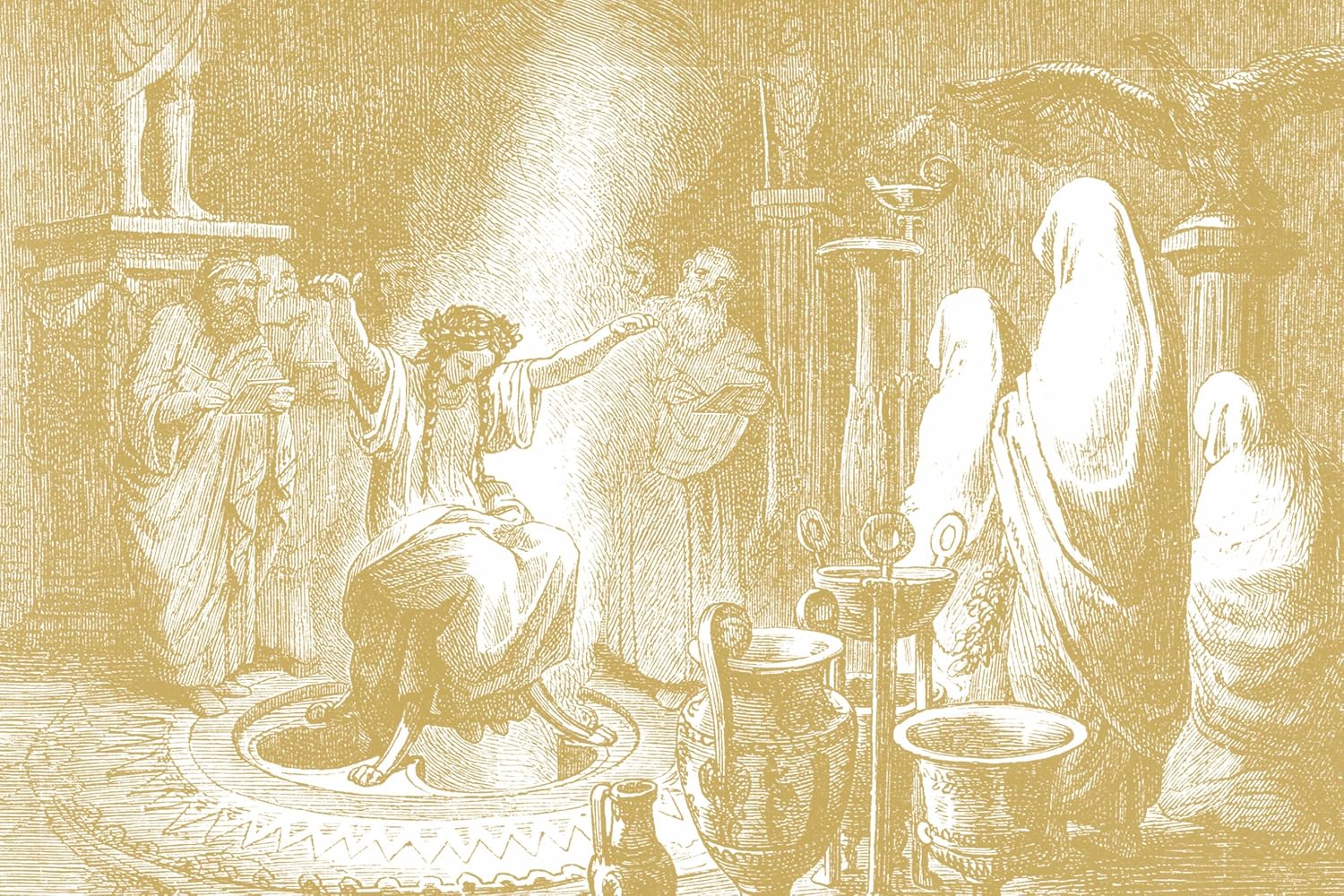 Vintage illustration of a classical scene with figures and architectural elements. Crystal sticker book 