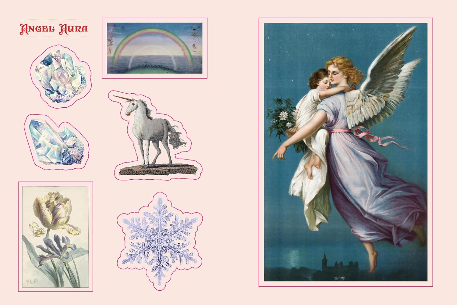 Vintage-style angel card with illustrations of an angel, rainbow, unicorn, and flowers on a pink background. Crystal Sticker book