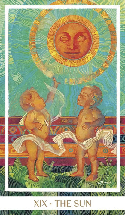 Tarot card titled 'The Sun' with two cherubs and a sun design.