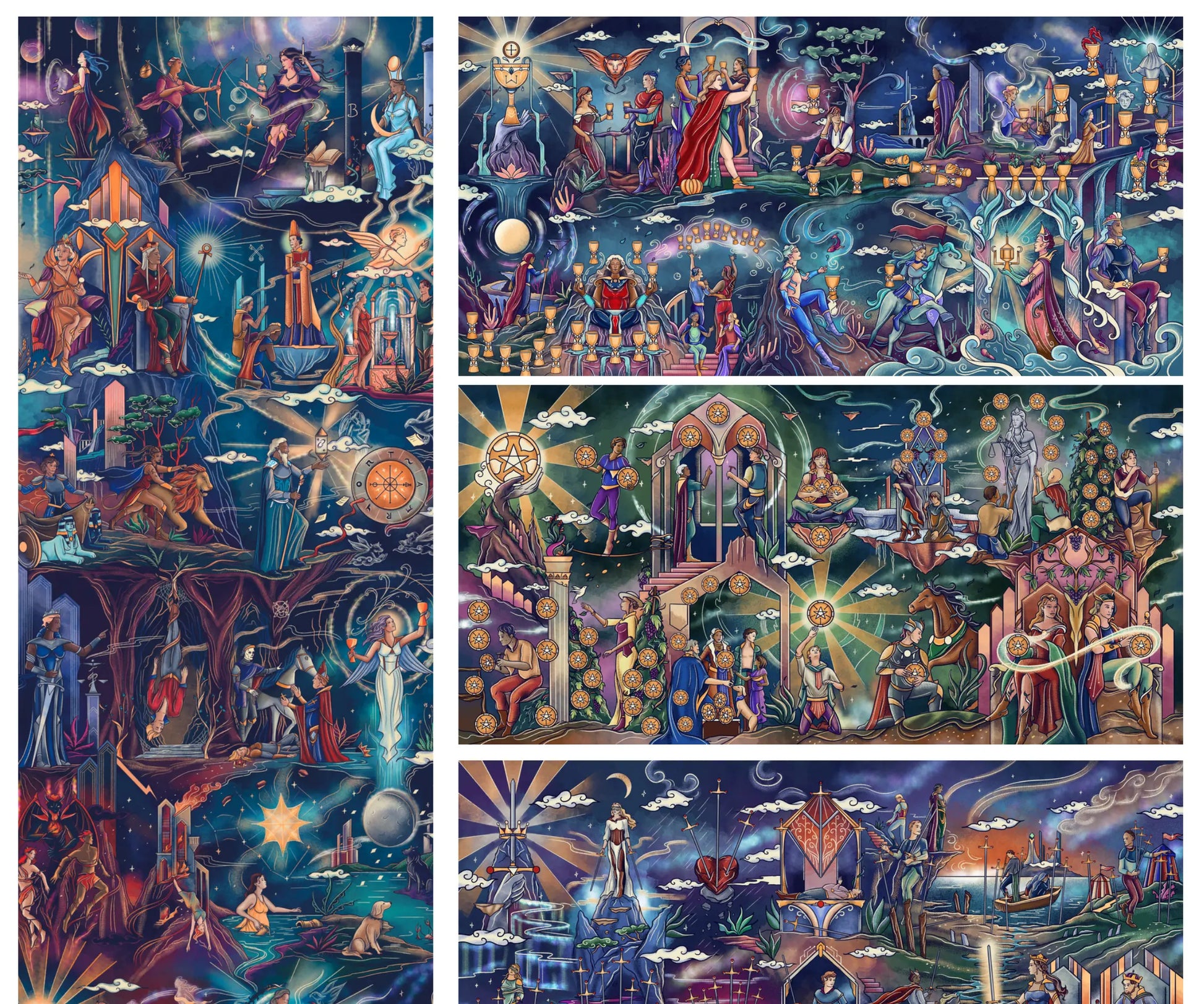 Collage of intricate illustrations with mythological or fantasy scenes featuring various figures and elements.