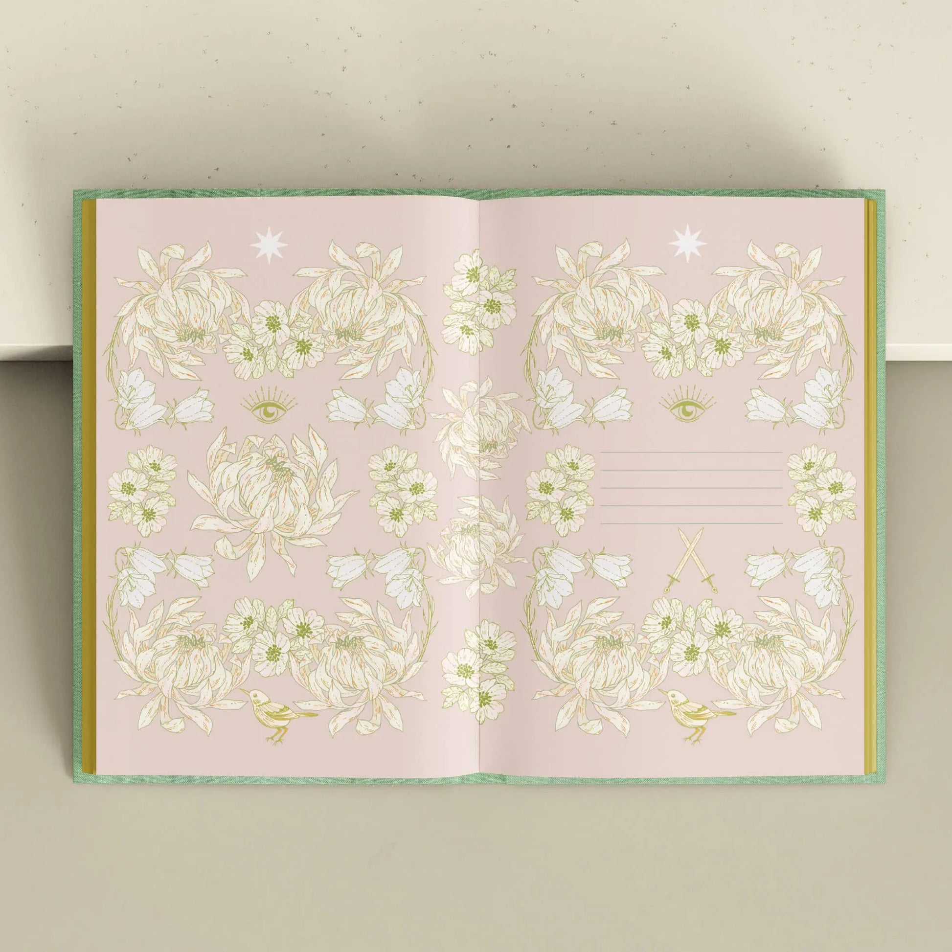 Open notebook with floral design on a light pink background Tarot Journal Bouchette and Co Oneness Emporium