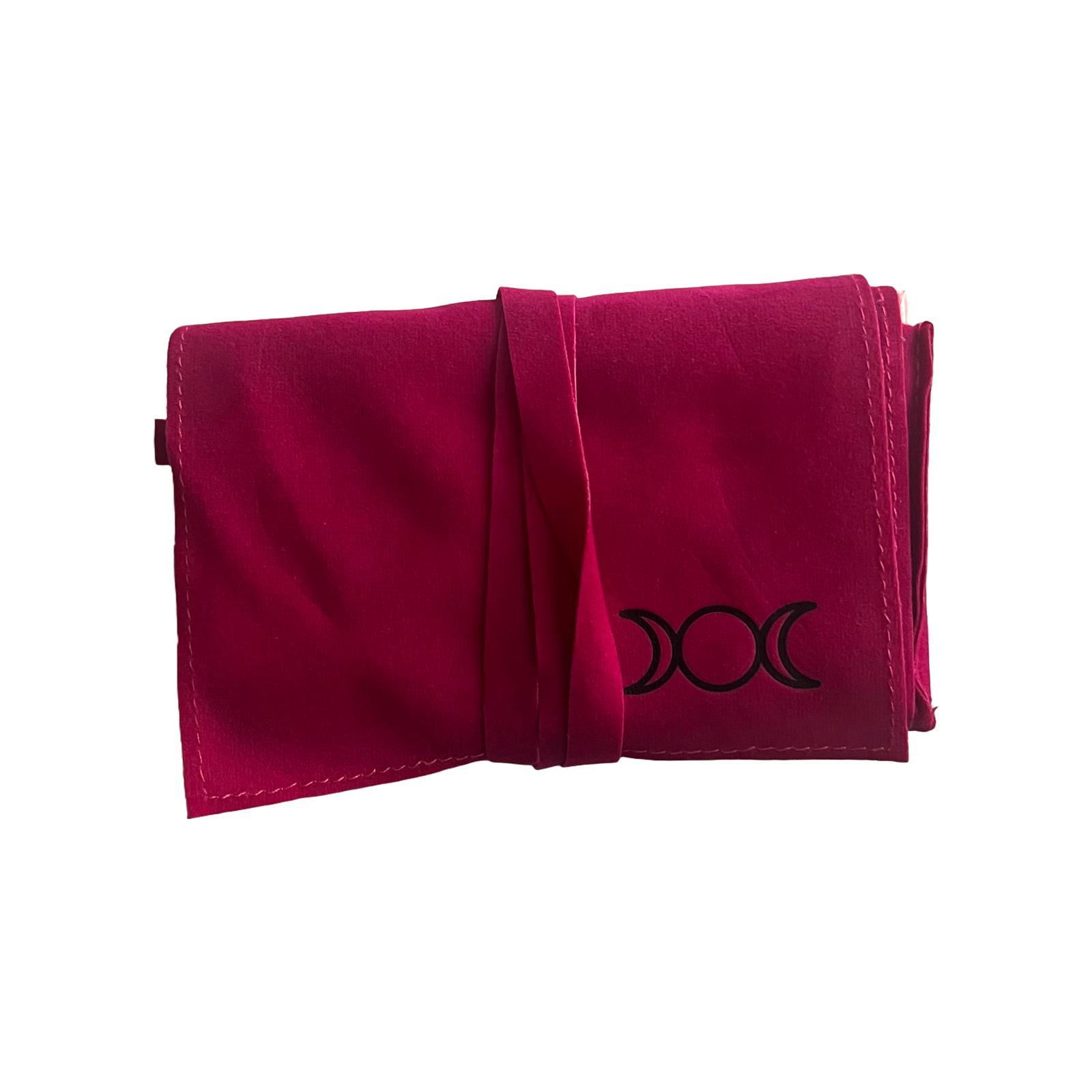 Folded red velvet tarot pouch with a black symbol on a white background Oneness Emporium