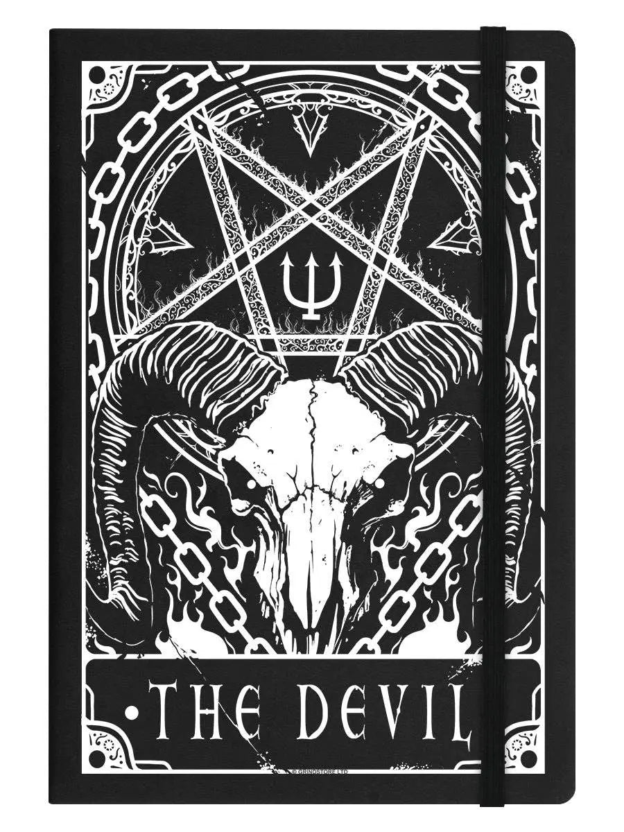 Notebook with 'The Devil' tarot card design featuring a pentagram and goat head.
