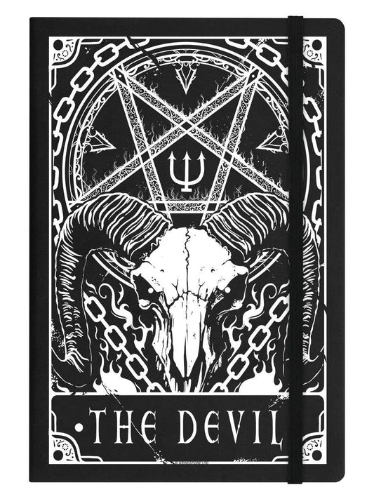 Notebook with 'The Devil' tarot card design featuring a pentagram and goat head.