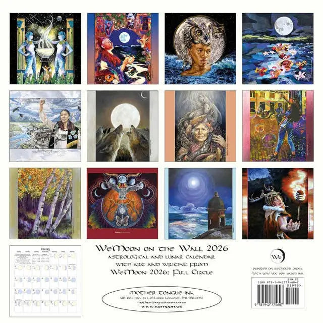 Collage of artwork with a calendar titled 'We Moon on the Wall 2026' at the bottom.