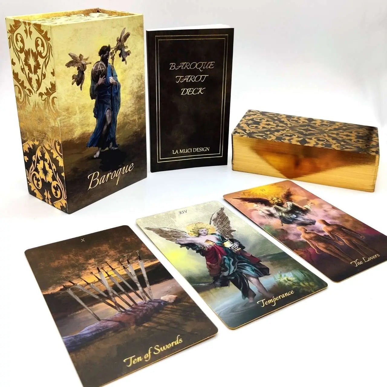 Baroque Tarot Deck with ornate box and cards on a white background