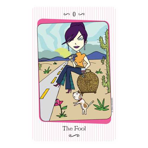 Illustration of a tarot card titled 'The Fool' featuring a person with purple hair and a dog in a desert setting.