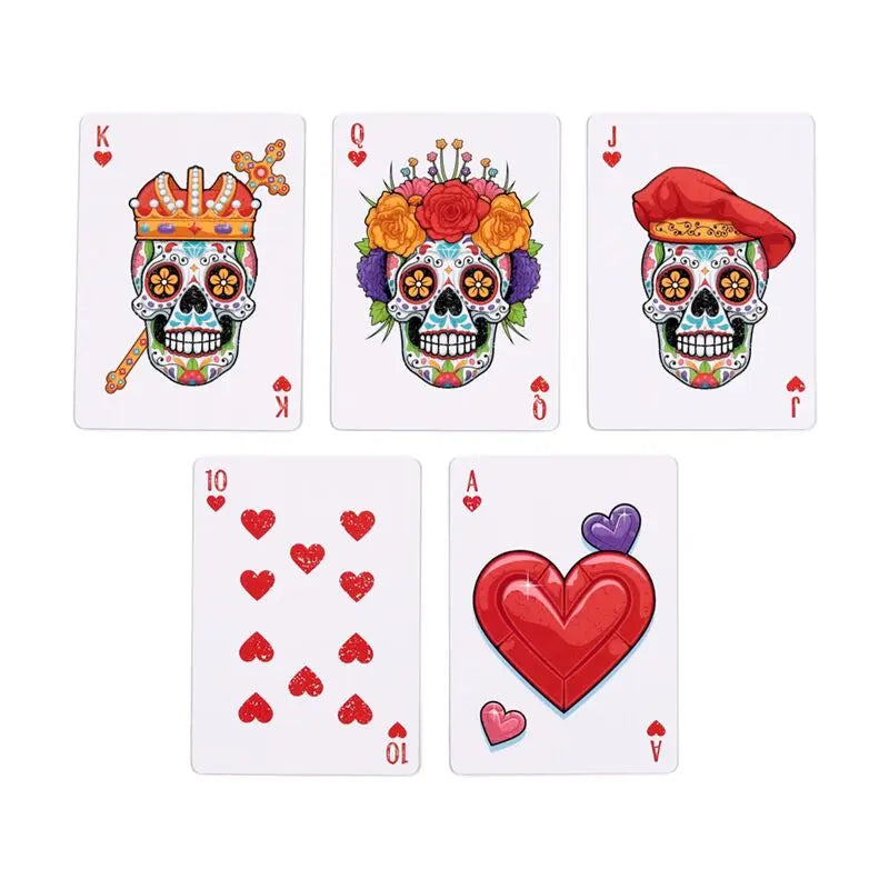 Five playing cards with colorful skull designs and heart symbols on a white background