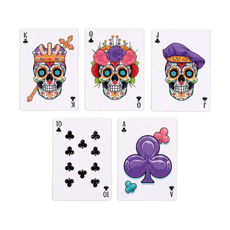 Set of playing cards with colorful skull designs on a white background