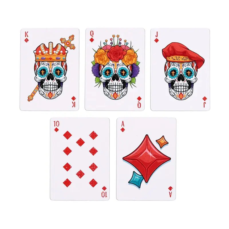 Set of playing cards with skull designs on a white background