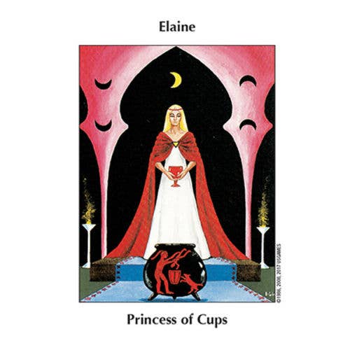 Tarot card featuring a figure in a red cloak holding a cup, with 'Elaine' and 'Princess of Cups' text.