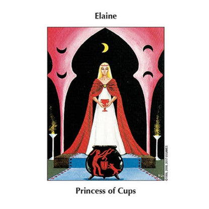 Tarot card featuring a figure in a red cloak holding a cup, with 'Elaine' and 'Princess of Cups' text.