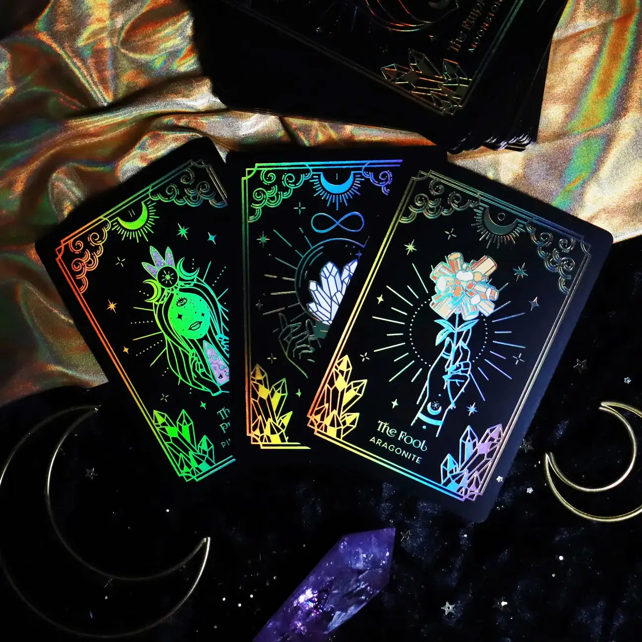 Mini Crystalstruck Tarot Gold Edition pocket tarot deck with gold holographic details.