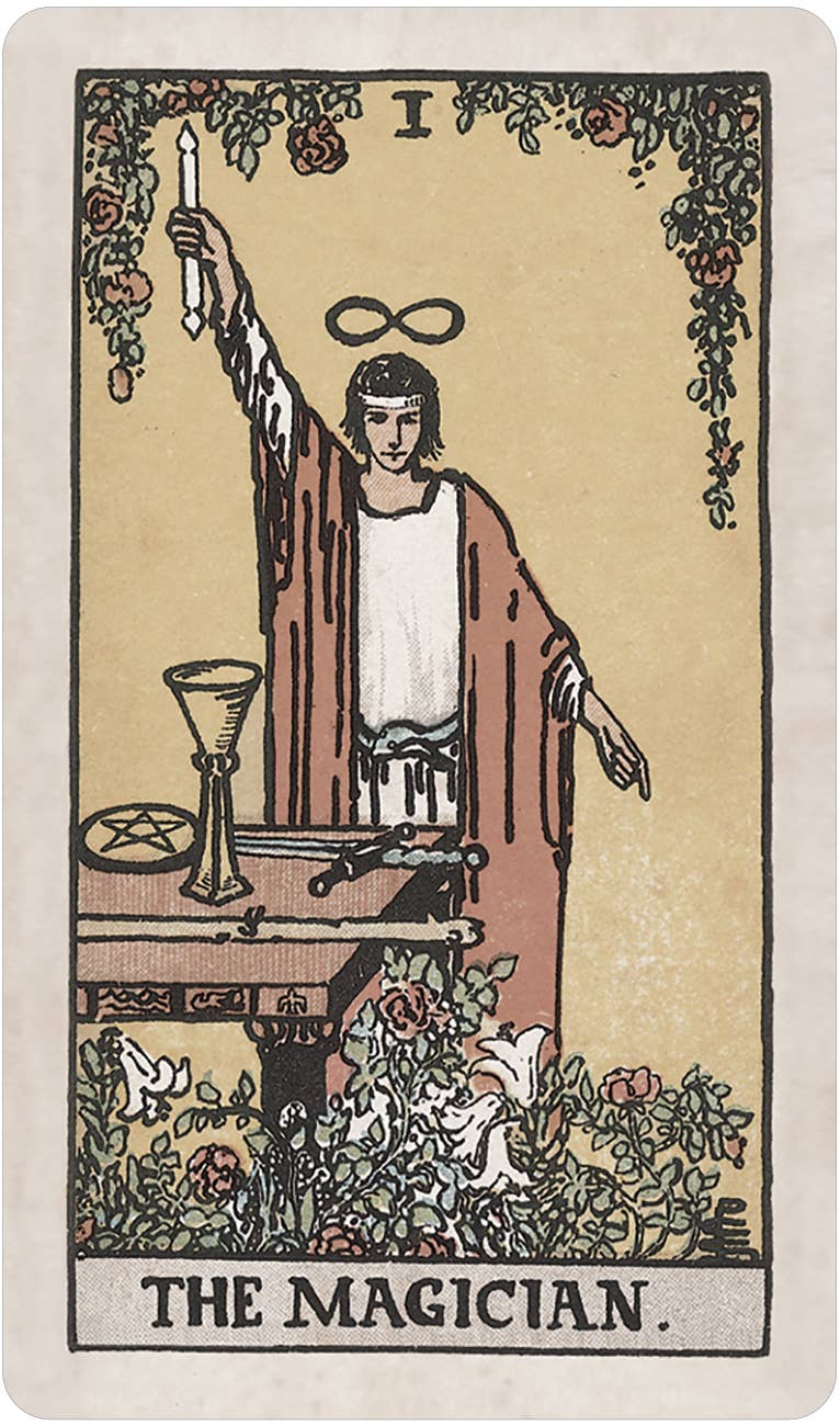 Tarot card featuring 'The Magician' with a central figure in robes holding a candle, surrounded by nature elements. Pamela Colman Smith's RWS Tarot Deck Soft Color Edition by U.S. Games Systems featuring muted vintage colours, ivory borders, and the original Rider-Waite-Smith artwork.