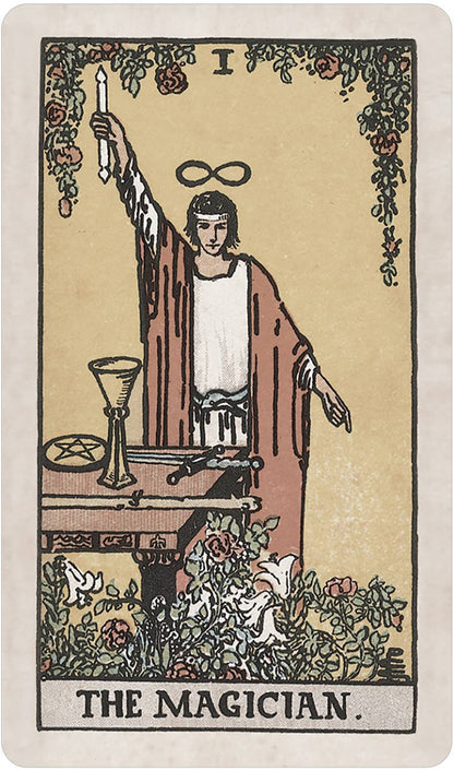 Tarot card featuring 'The Magician' with a central figure in robes holding a candle, surrounded by nature elements. Pamela Colman Smith's RWS Tarot Deck Soft Color Edition by U.S. Games Systems featuring muted vintage colours, ivory borders, and the original Rider-Waite-Smith artwork.