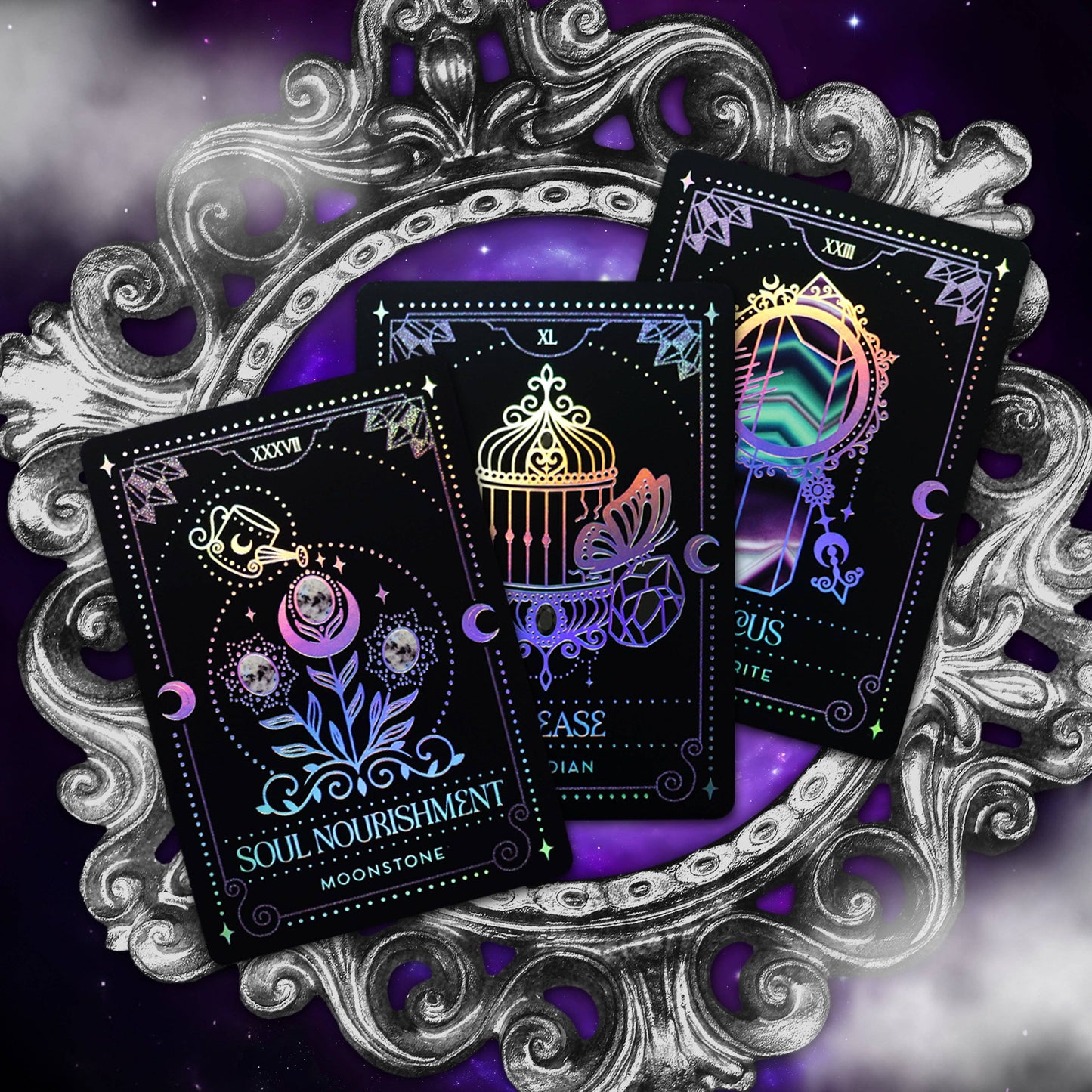 Crystal Portal Oracle deck with holographic foil and crystal themed artwork indie oracle UK