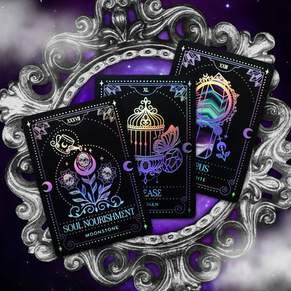 Crystal Portal Oracle deck with holographic foil and crystal themed artwork indie oracle UK