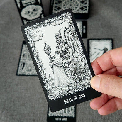 Darkside Skeleton Tarot deck with black and white skeletal tarot card artwork
