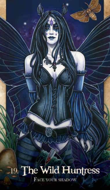 Artistic depiction of 'The Wild Huntress' with butterfly wings and dark attire, surrounded by nature elements. Oracle of the Dragonfae redesigned edition oracle deck with fantasy dragon and fae themed cards.