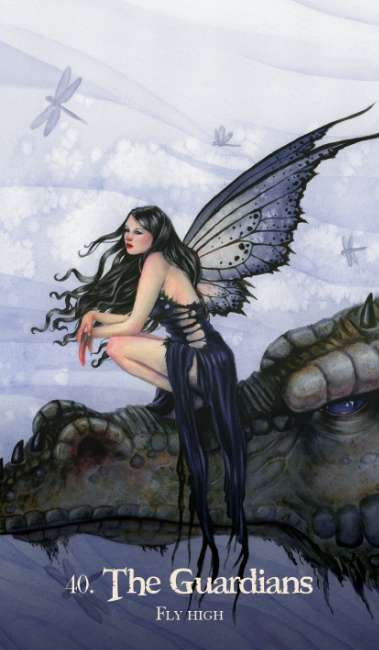 Fairy sitting on a dragon with 'The Guardians' text Oracle of the Dragonfae redesigned edition oracle deck with fantasy dragon and fae themed cards.