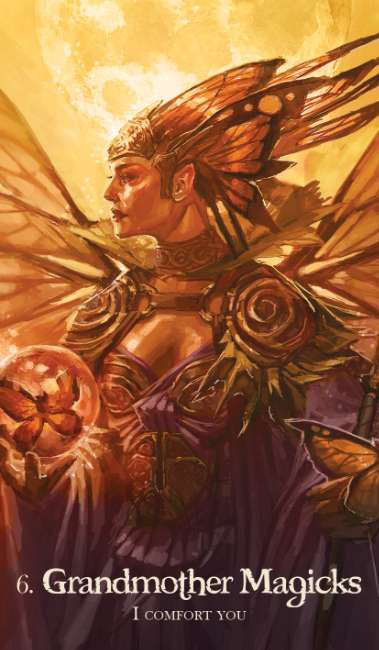 Artistic depiction of a winged figure with 'Grandmother Magicks' text Oracle of the Dragonfae redesigned edition oracle deck with fantasy dragon and fae themed cards.