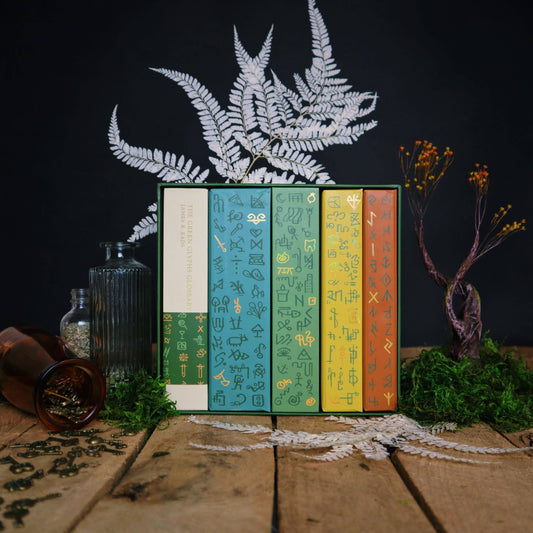 Set of four books with decorative covers on a wooden surface with plants and a dark background