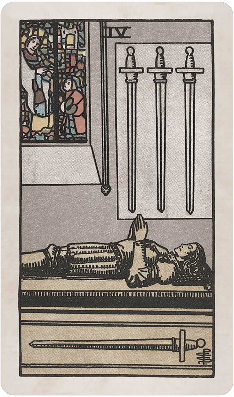 Tarot card with a figure lying down, three vertical swords above, and stained glass window on the left. Pamela Colman Smith's RWS Tarot Deck Soft Color Edition by U.S. Games Systems featuring muted vintage colours, ivory borders, and the original Rider-Waite-Smith artwork.