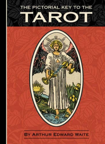 Book cover of 'The Pictorial Key to the Tarot' with a tarot card design on a red background.