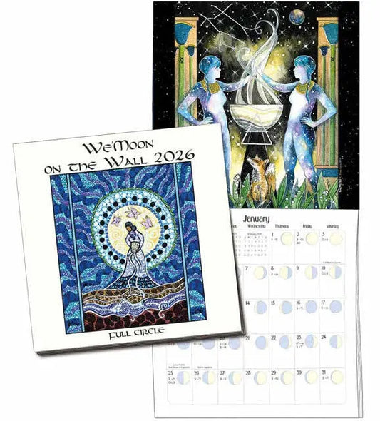 Calendar with artistic design of two figures and a cat, featuring the title 'We Moon on the Wall 2026'.