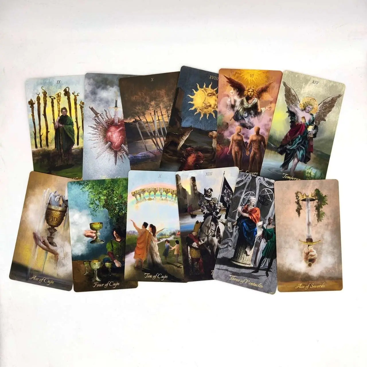 Collection of tarot cards with various illustrations on a white background Baroque tarot La Muci 