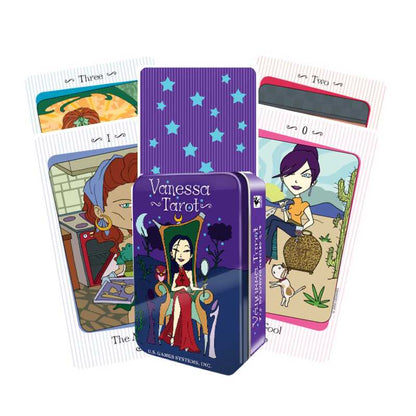 Venessa Tarot cards with colorful illustrations and a purple box on a white background