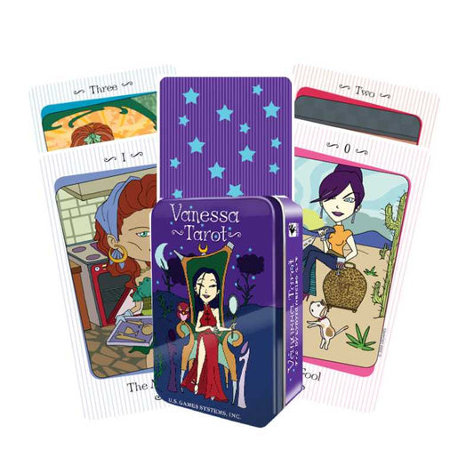 Venessa Tarot cards with colorful illustrations and a purple box on a white background