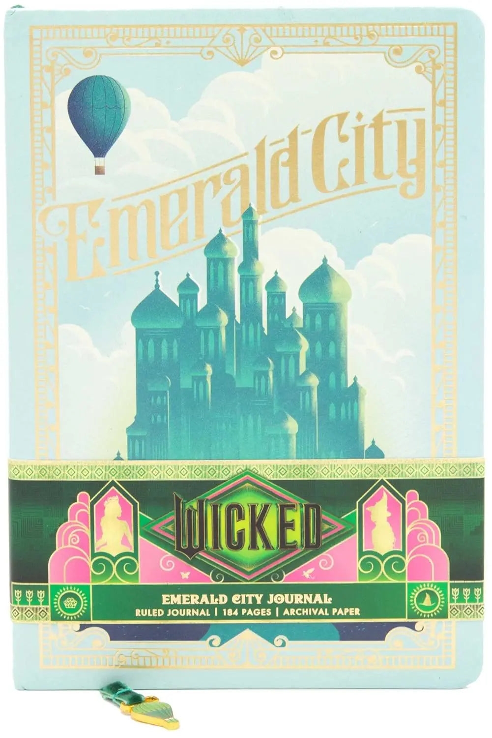 Journal with Emerald City design featuring a castle and hot air balloon. Wicked movie official merchandise Oneness Emporium