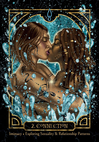 Illustration of two people kissing with a decorative border and text at the bottom. Empaths healing oracle 