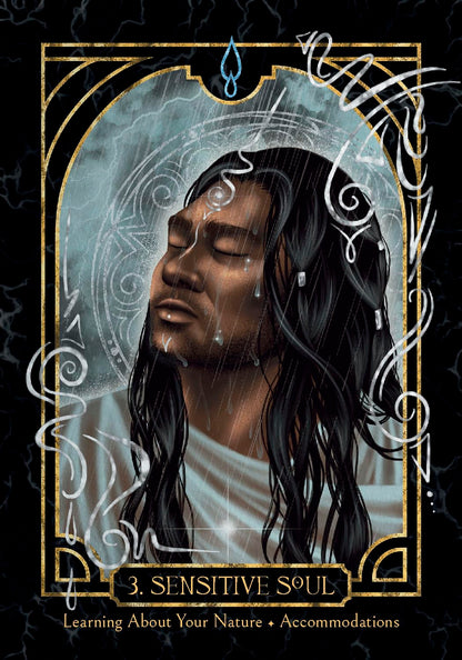 Illustration of a person with long hair and closed eyes, framed by decorative elements on a dark background. Empaths healing oracle 