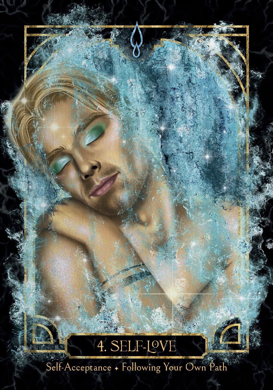 Card with a stylized portrait of a woman with glowing eyes, surrounded by decorative elements and text '4. Self-Love'. Empaths healing oracle 
