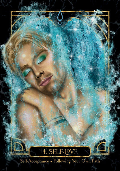 Card with a stylized portrait of a woman with glowing eyes, surrounded by decorative elements and text '4. Self-Love'. Empaths healing oracle 