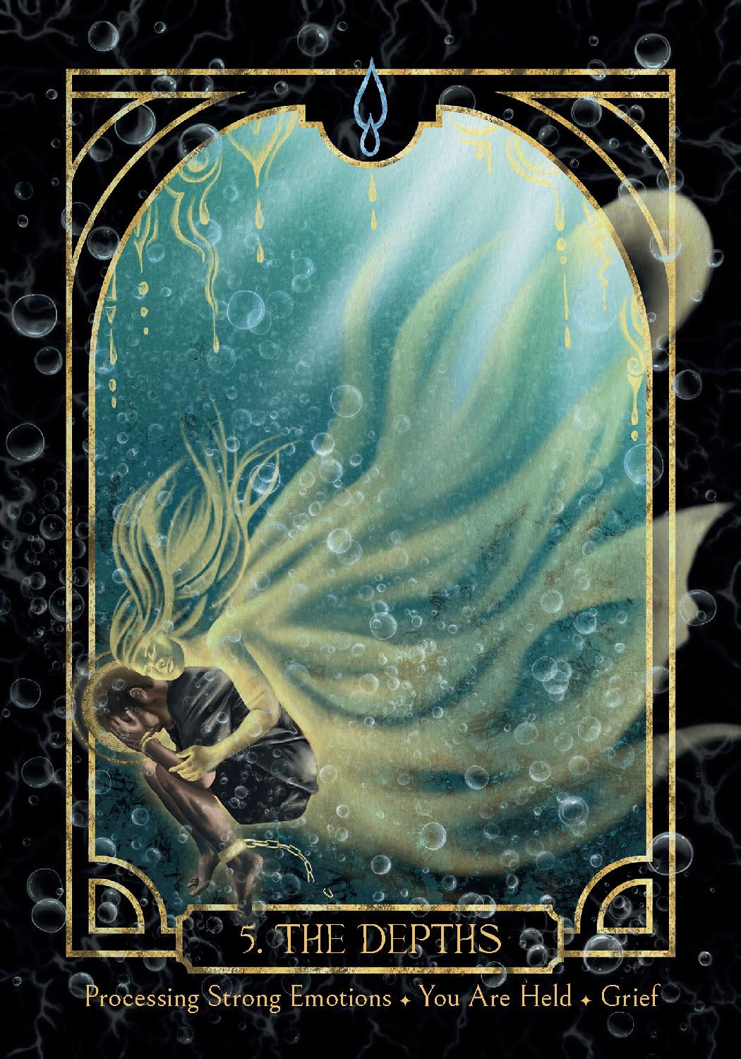 Card titled 'The Depths' with a person underwater and a large fish, surrounded by bubbles on a dark background. Empaths healing oracle 