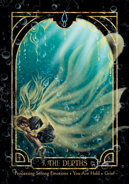 Card titled 'The Depths' with a person underwater and a large fish, surrounded by bubbles on a dark background. Empaths healing oracle 