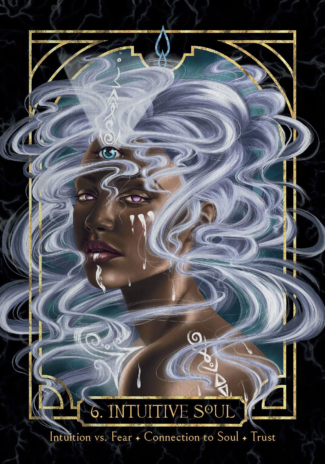 Artistic depiction of a woman with white hair and mystical elements, framed as 'Intuitive Soul' with text below. Empaths healing oracle 