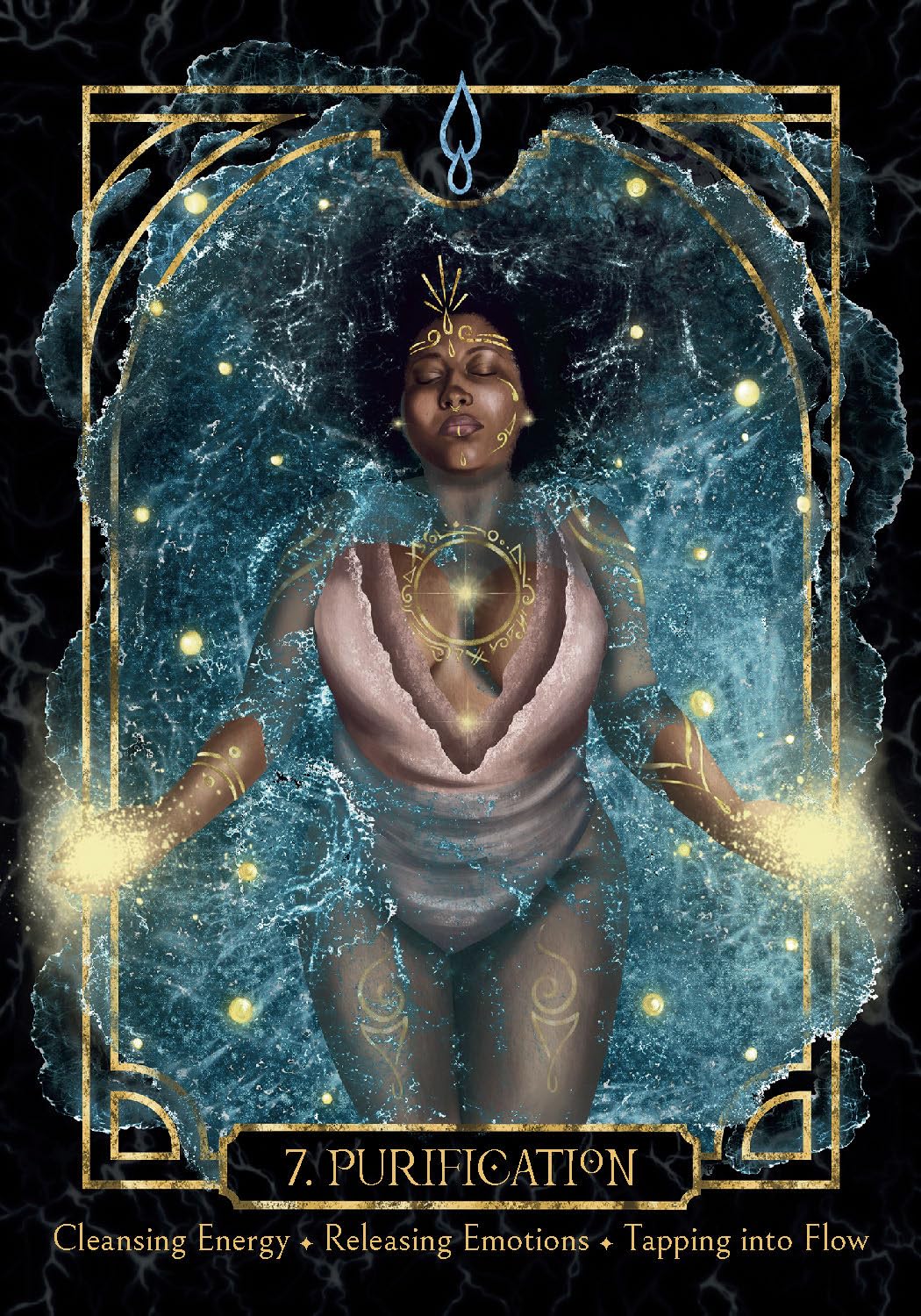 Illustration of a woman with a celestial background, labeled 'Purification'. Empaths healing oracle 