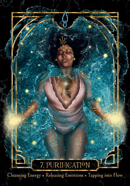 Illustration of a woman with a celestial background, labeled 'Purification'. Empaths healing oracle 
