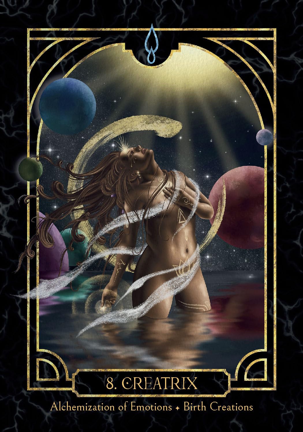 Tarot card featuring a woman with long hair and a glowing orb, surrounded by planets and stars. Empaths healing oracle 