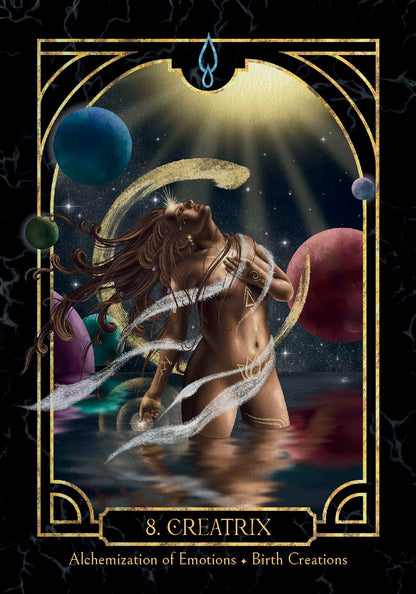 Tarot card featuring a woman with long hair and a glowing orb, surrounded by planets and stars. Empaths healing oracle 