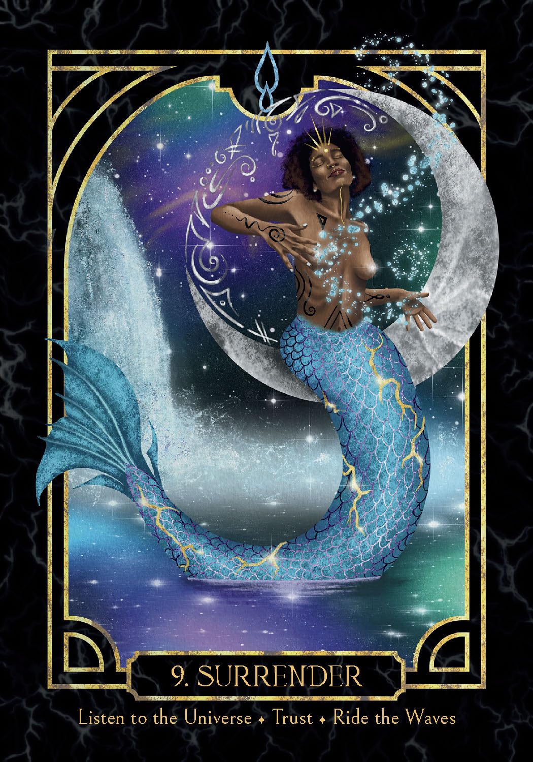 Mermaid sitting on a crescent moon with a mystical background, labeled '9. Surrender'. Empaths healing oracle 
