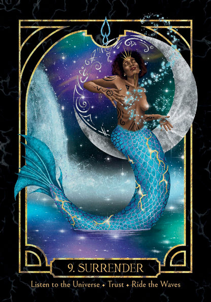 Mermaid sitting on a crescent moon with a mystical background, labeled '9. Surrender'. Empaths healing oracle 