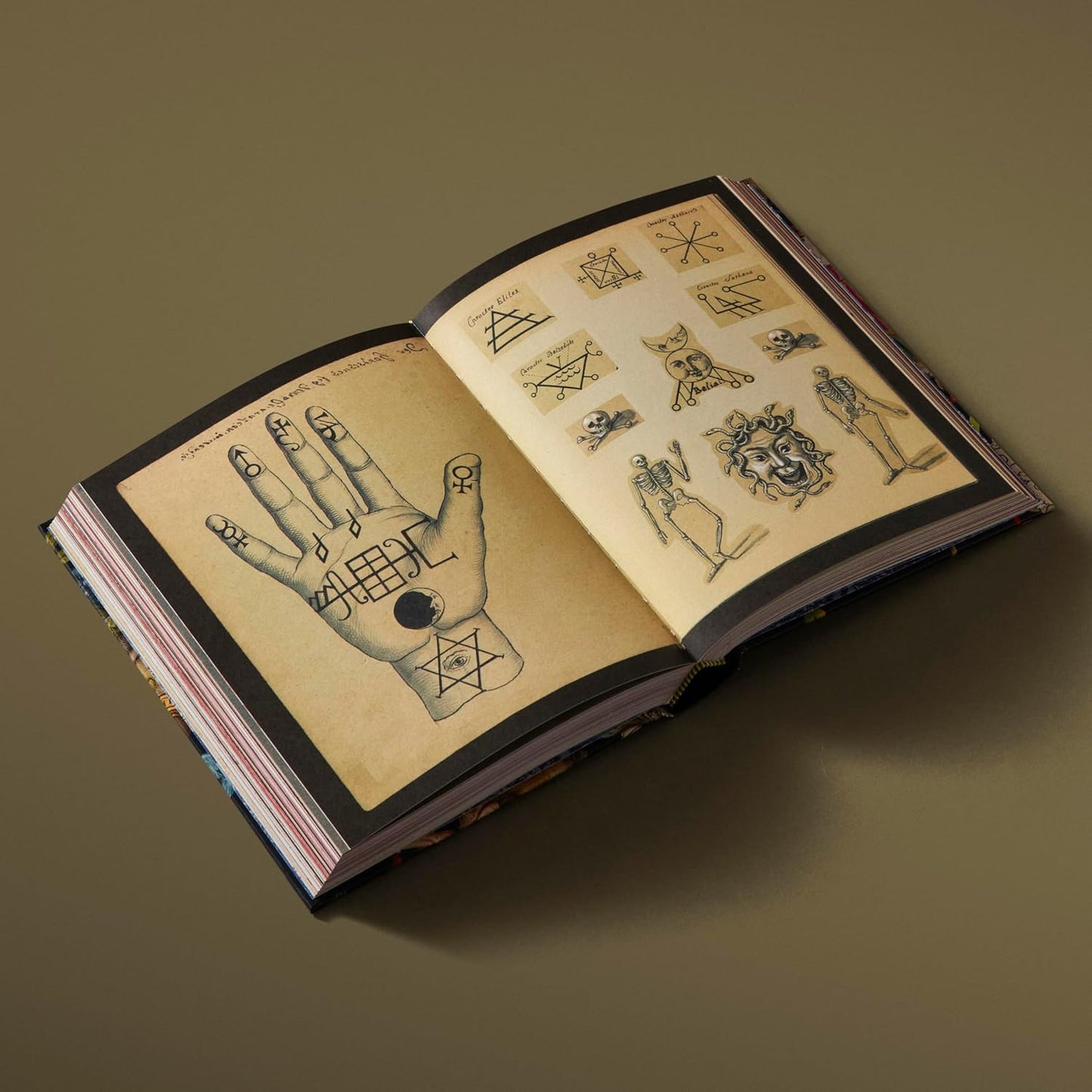Open book with vintage tattoo designs on a brown background Esoterica sticker book