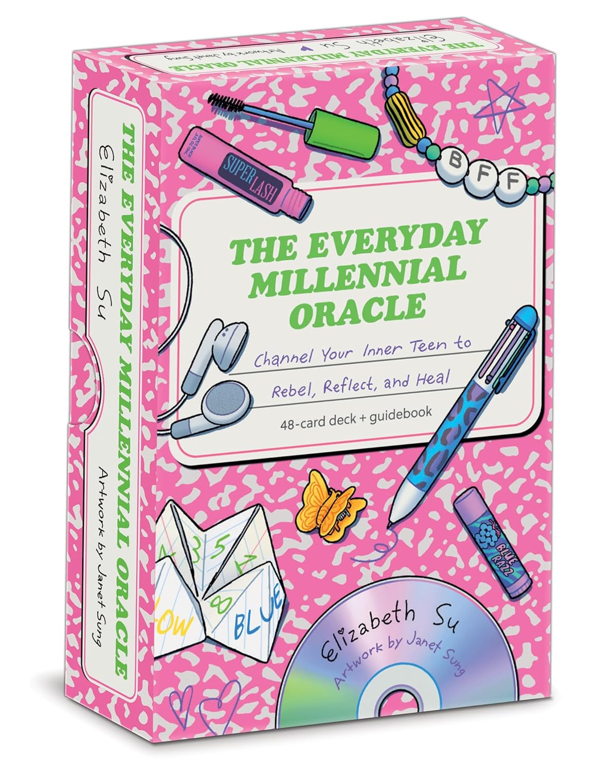 Pink packaging of 'The Everyday Millennial Oracle' with illustrations and text. The Everyday Millennial Oracle deck by Elizabeth Su featuring nostalgic 90s and 2000s inspired oracle cards.