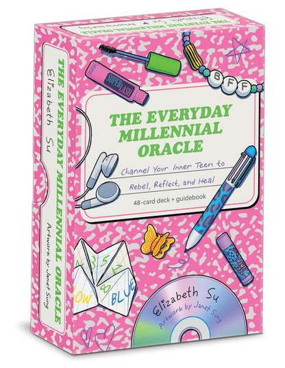 Pink packaging of 'The Everyday Millennial Oracle' with illustrations and text. The Everyday Millennial Oracle deck by Elizabeth Su featuring nostalgic 90s and 2000s inspired oracle cards.